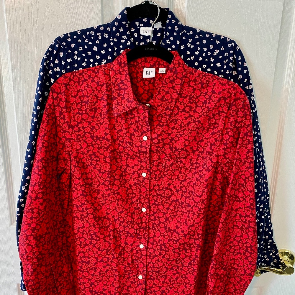 Ladies GAP Shirts (set of 2) Size Small, Long Sleeve, Red Blue print, cotton